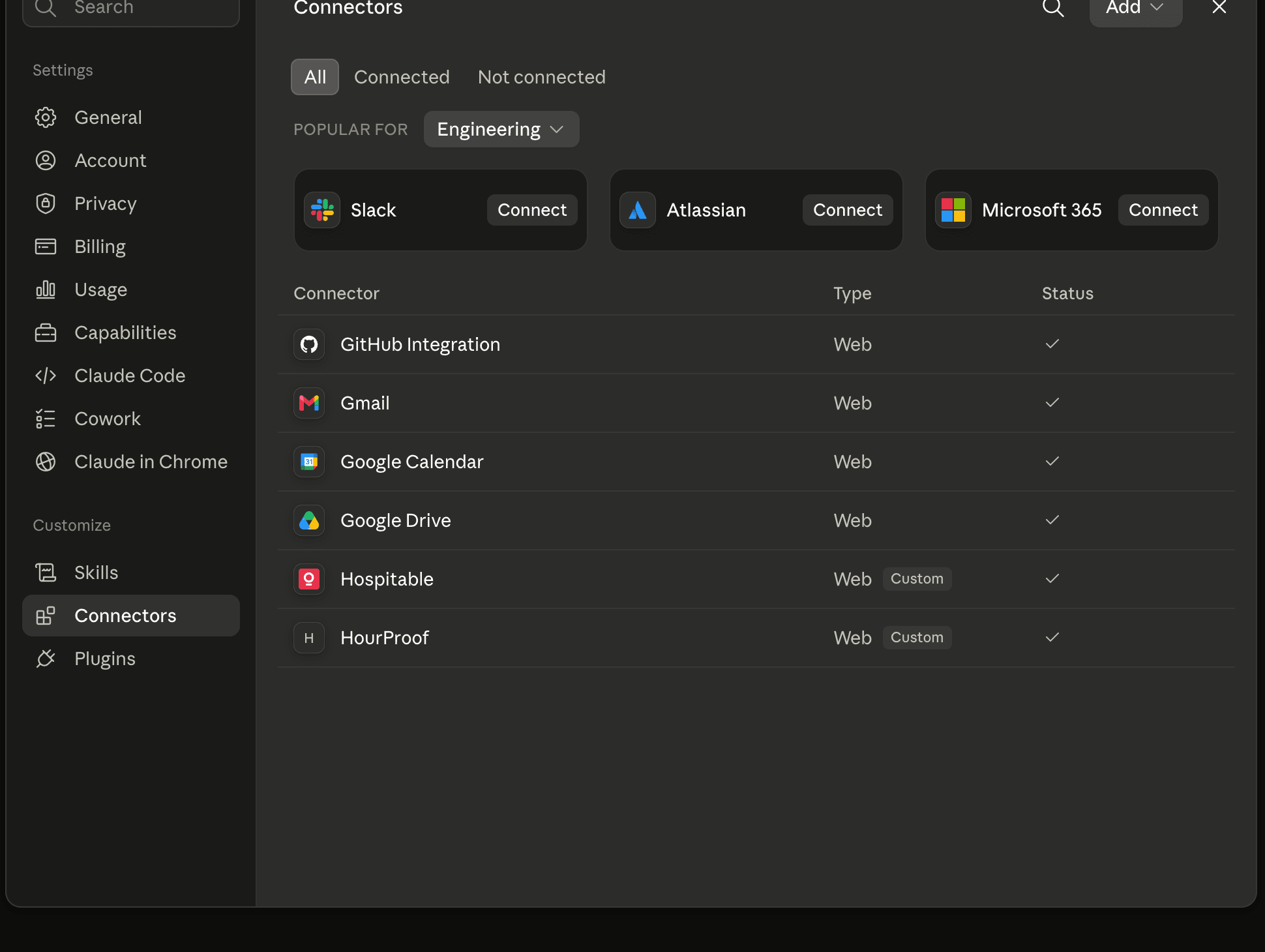 Claude connectors settings showing the HourProof custom connector connected