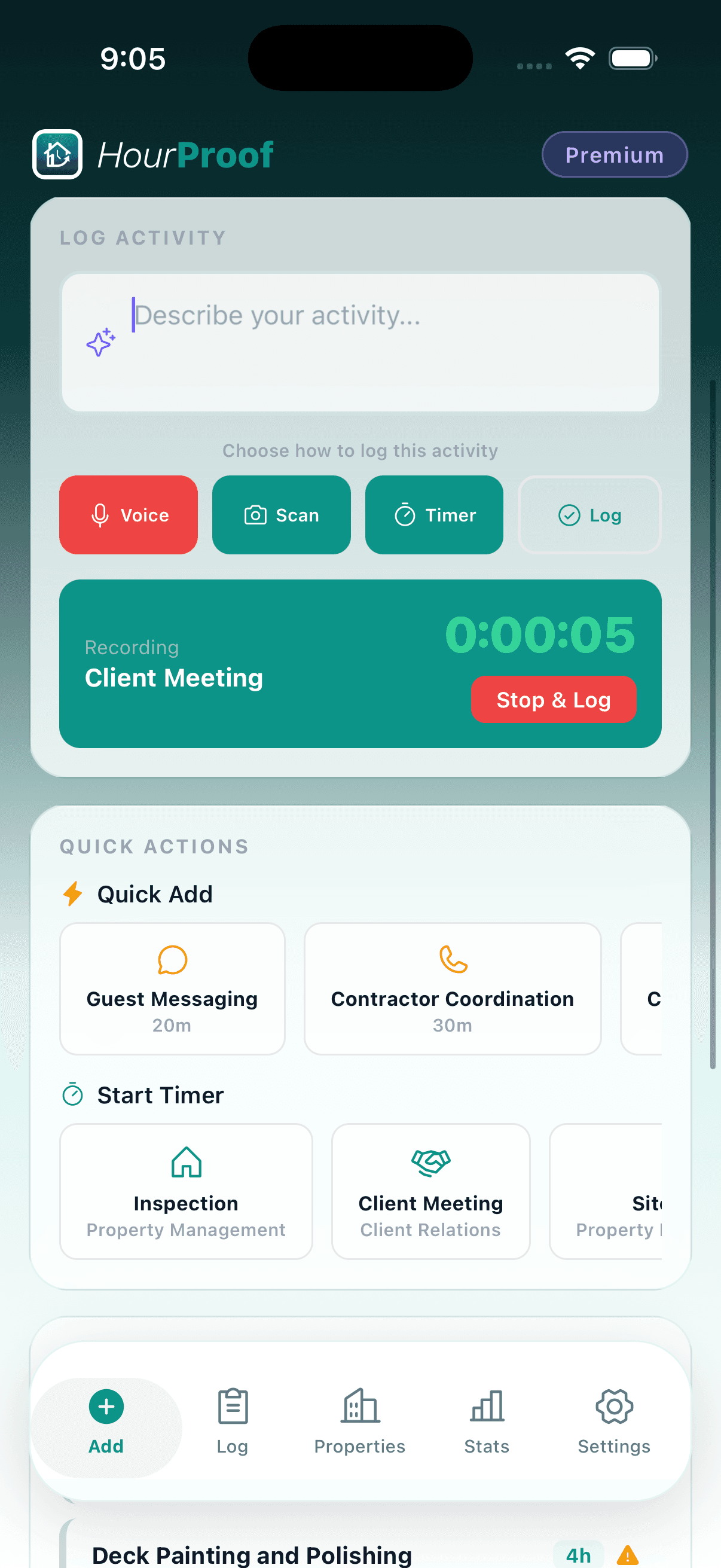 Built-in Timer screenshot in the HourProof app