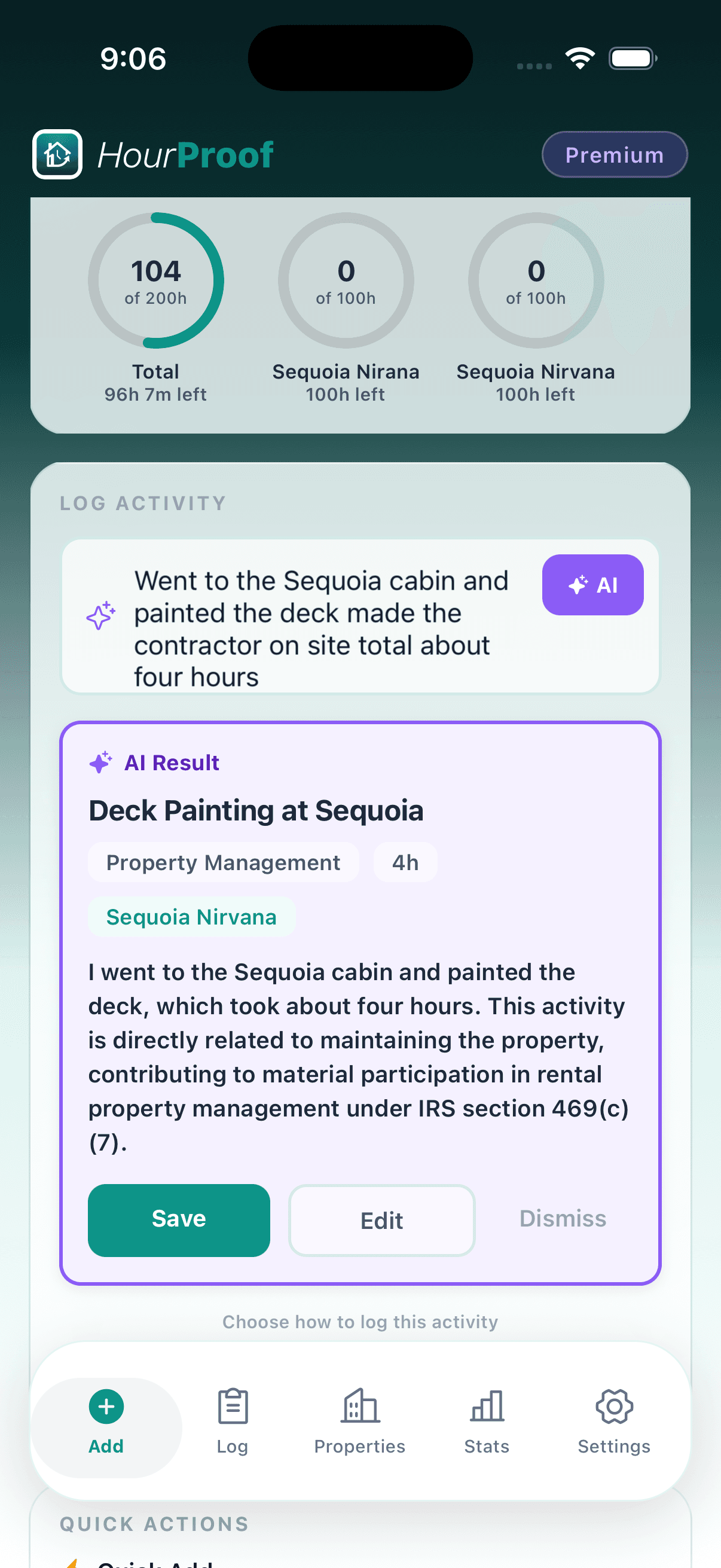 AI-Assisted Logging screenshot in the HourProof app