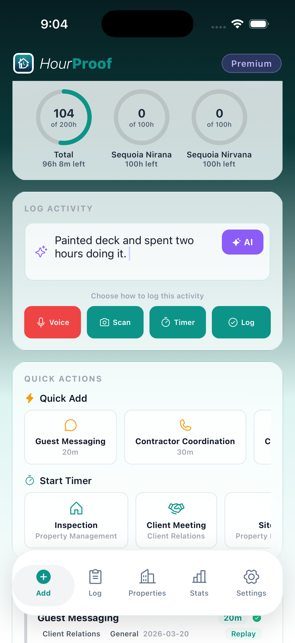 Activity Logging screenshot in the HourProof app