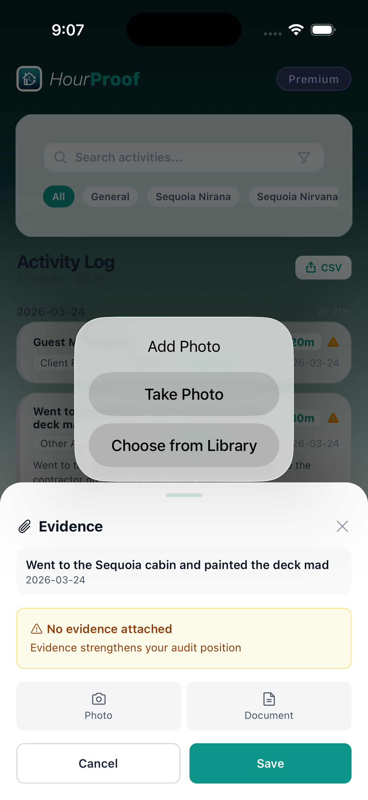 Voice Input screenshot in the HourProof app