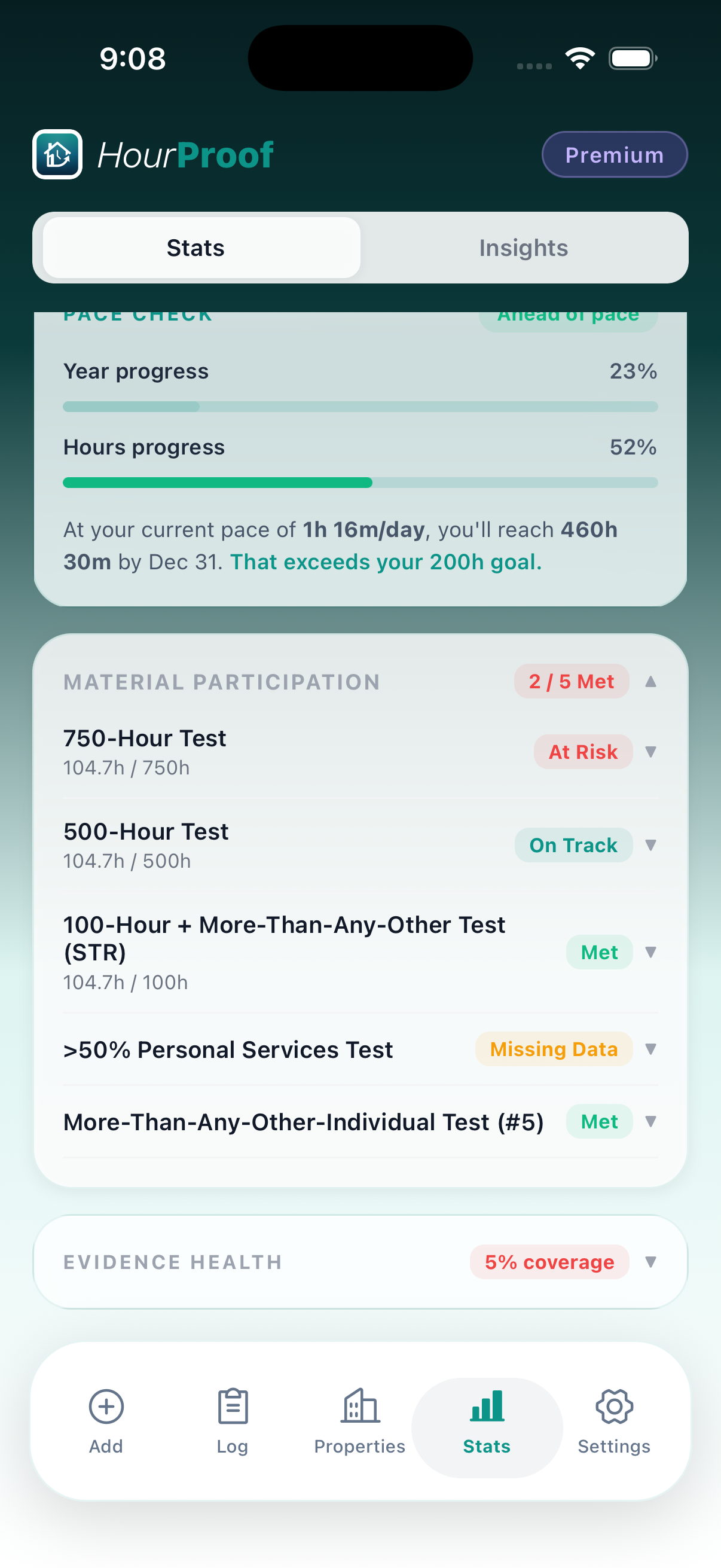 Evidence Attachments screenshot in the HourProof app