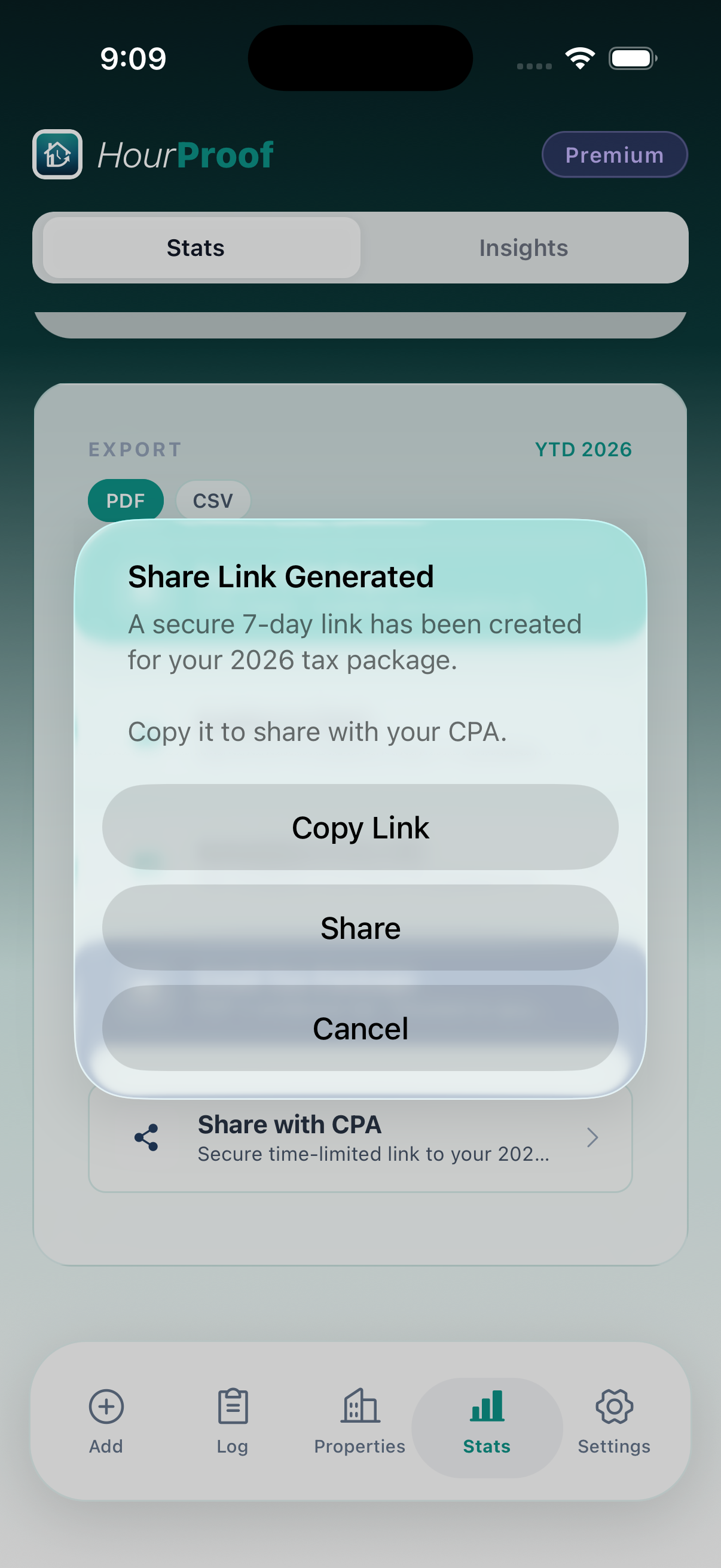 Reports & Export screenshot in the HourProof app